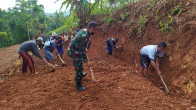 Ratusan Warga Desa Kertamukti melaksanakan kerja bakti pembenahan ruas jalan Sindangjaya Cikarama dalam rangka Pra TMMD Tahun 2020, Minggu (25/10). (foto: fajarnusantara.com)