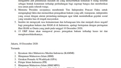 Berikut ini pernyataan 15 organisasi pemuda Islam yang meminta Presiden ikut tanggungjawab meninggalnya enam Laskar FPI. (Foto: Istimewa)