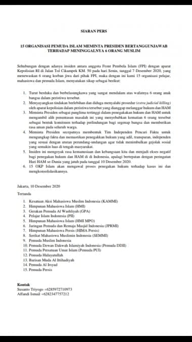 Berikut ini pernyataan 15 organisasi pemuda Islam yang meminta Presiden ikut tanggungjawab meninggalnya enam Laskar FPI. (Foto: Istimewa)