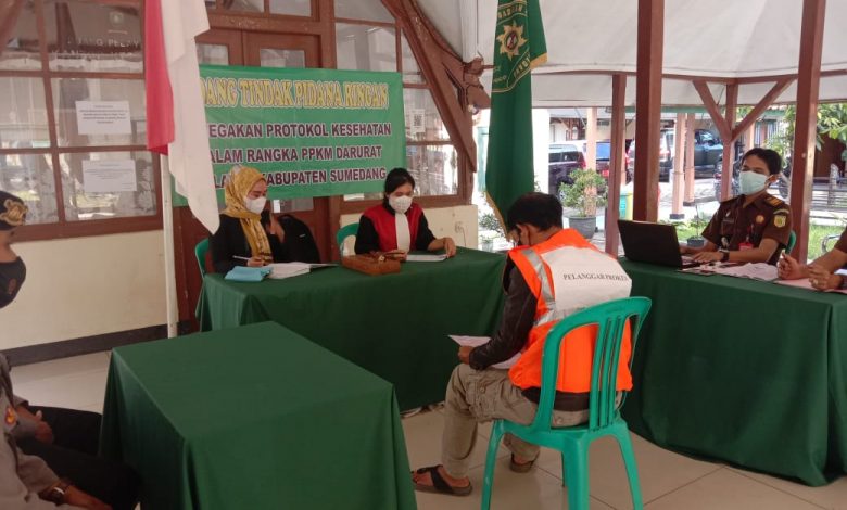 SIDANG : Salah seorang pengusaha sektor Non Esensial tengah sidang Tipiring karena melanggar Aturan PPKM Darurat Covid-19.