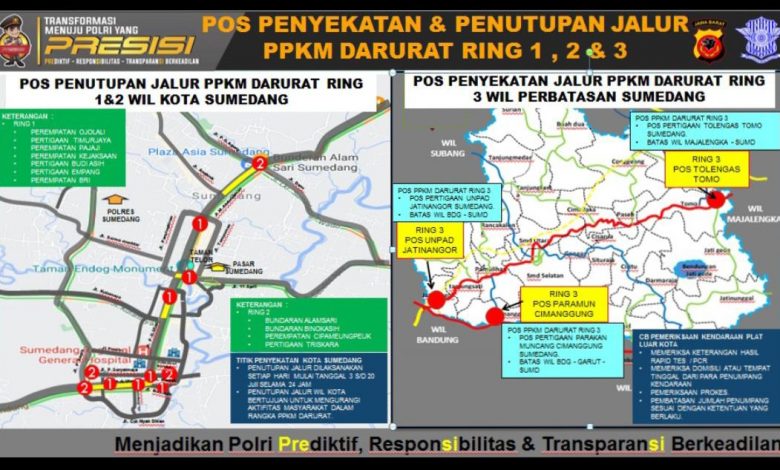 Berikut ini merupakan peta penyekatan dan penutupan jalur di Kabupaten Sumedang dalam pemberlakukan PPKM Darurat Jawa-Bali. (Foto: IST)