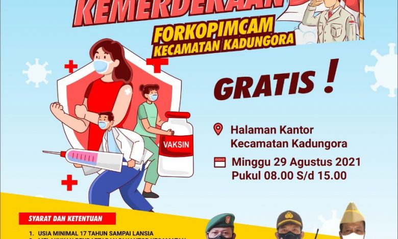 POSTER Vaksinasi Massal Kemerdekaan Mang Duyeh bersama Forkopimcam dan KNPI Kadungora.