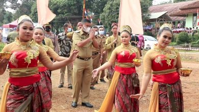 wakil Bupati Sumedang H. Erwan Setiawan disambut kesenian tradisional saat menghadiri Hut Desa Ciherang